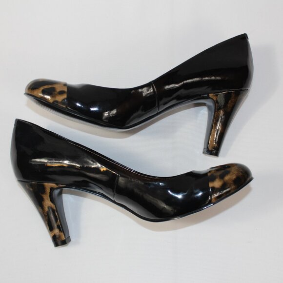 Nine West Black 3 ¼” Heel Dress Shoe with‎ Leopard Print Heel and Toe Size 8 ½ M - Picture 1 of 7